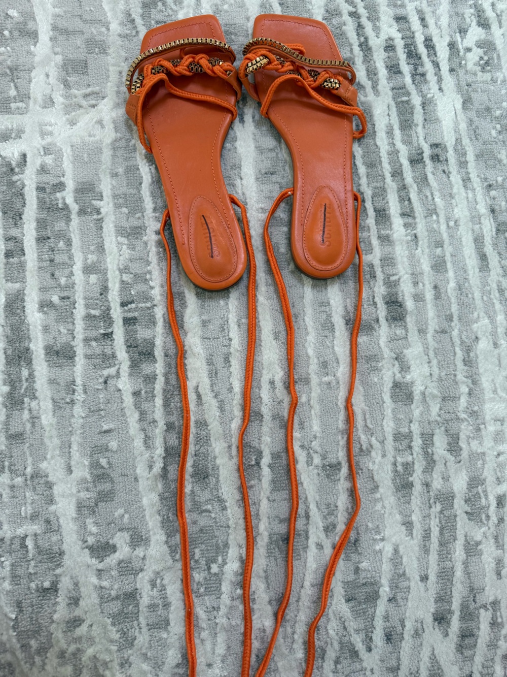 SCHUTZ Orange Lace-Up Flat Sandals with Braided Metallic Detail - Picture 3 of 4